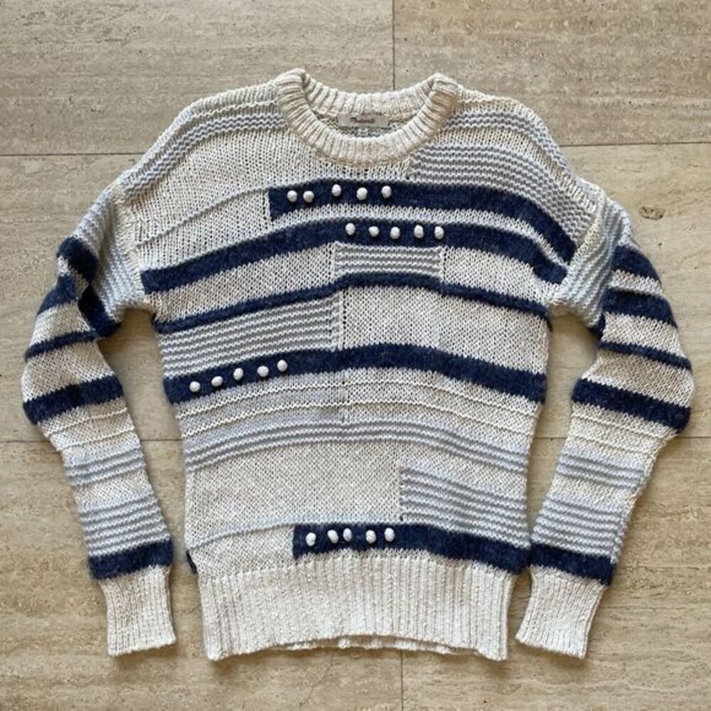 MADEWELL Women's Beige Blue Striped Cable Bobble Pullover Sweater XS